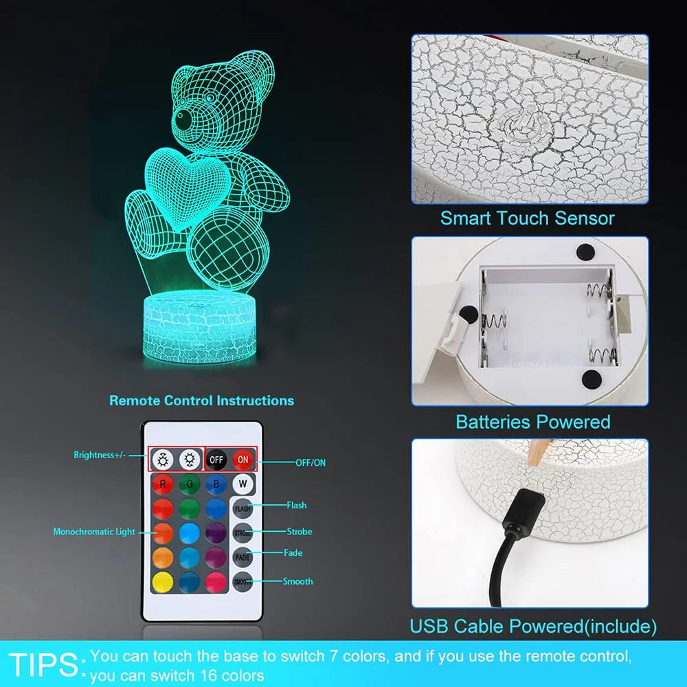 3D Teddy Bear LED Night Light with Color Control