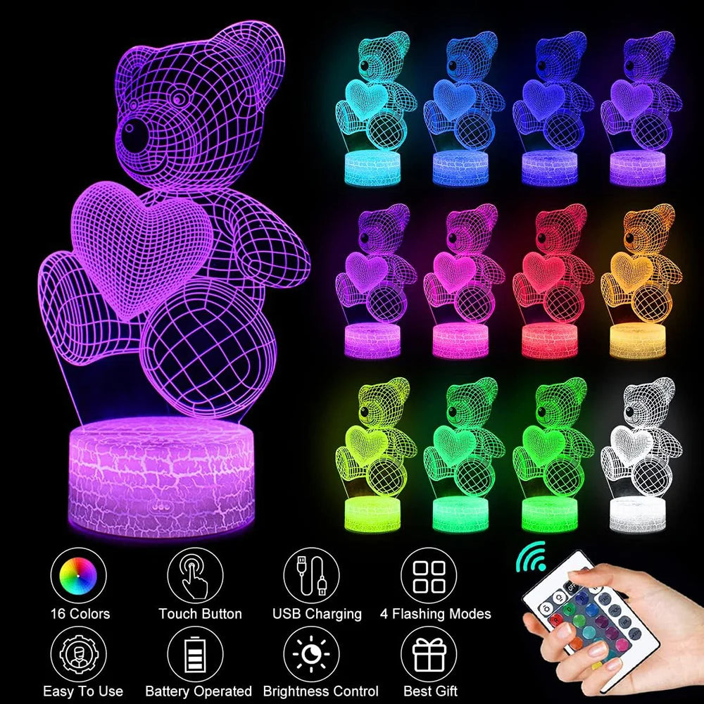 3D Teddy Bear LED Night Light with Color Control